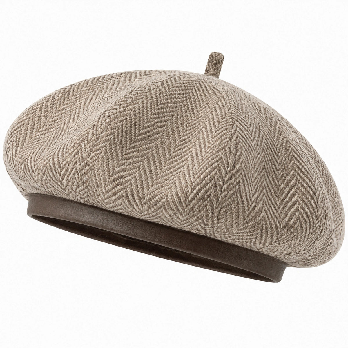 Baskenmütze Einheitsgröße aus Textil Beige Braun mit Fischgrätmuster
