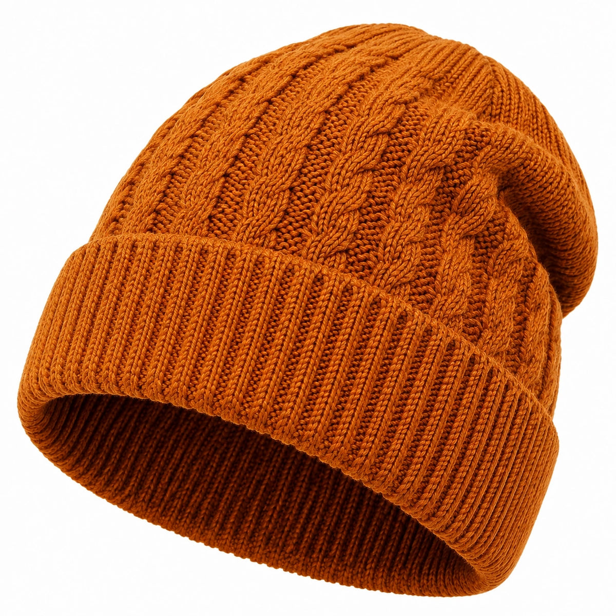 Strickmütze Einheitsgröße Orange mit Umschlag und Zopfmuster