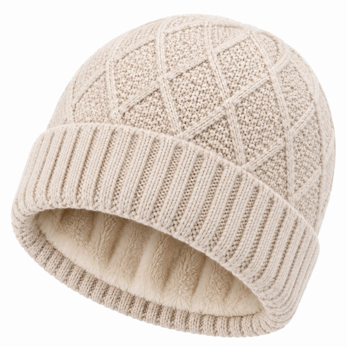 Strickmütze Einheitsgröße Creme mit Zopfmuster und weichem Futter