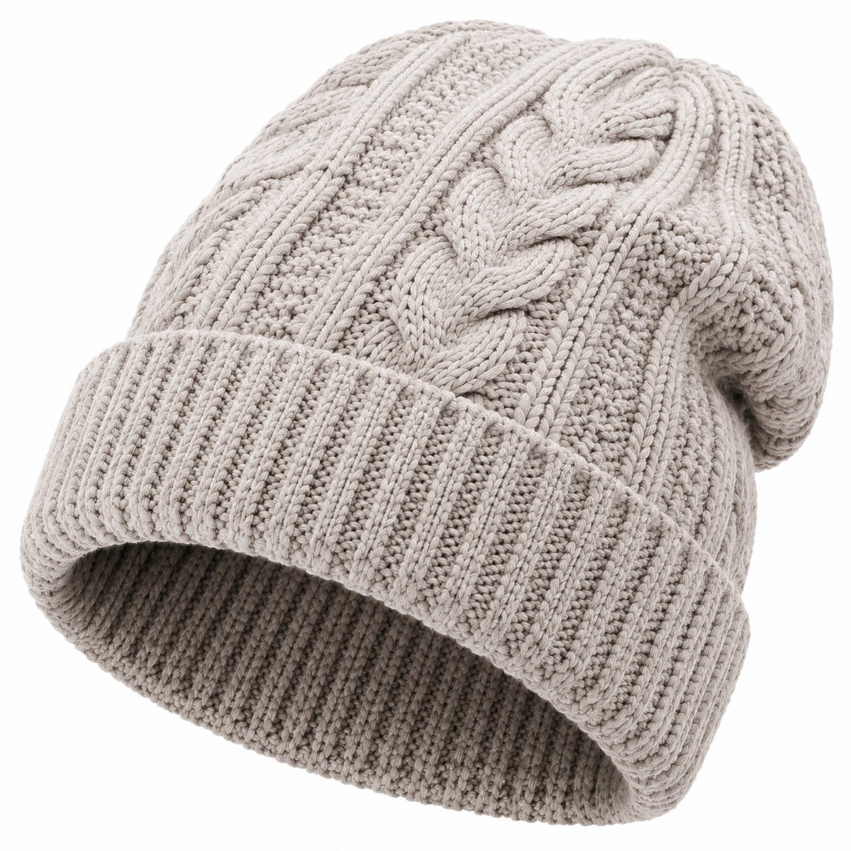 Strickmütze Einheitsgröße Beige mit Zopfmuster und Umschlag